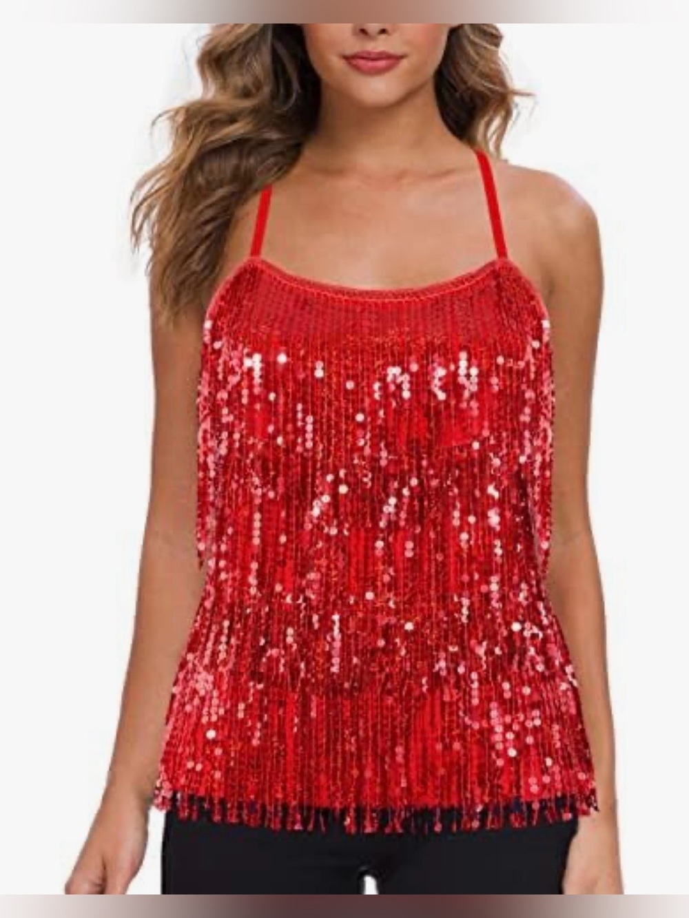 NWOT MANER Women’s Red Sequin Tassel Sparkly Tank Top Camisole Size Small